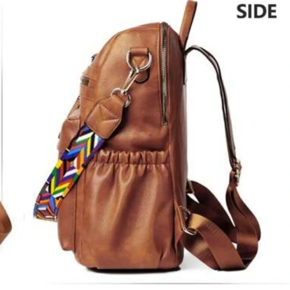 Luxe Vegan Leather Colorful Strap Backpack Shoulder bag - Picture 13 of 13